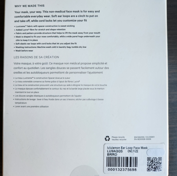 Lululemon Ear Loop Face Mask, NWT, One Sizs, Pink Mauve with Black Bands - Picture 2 of 4